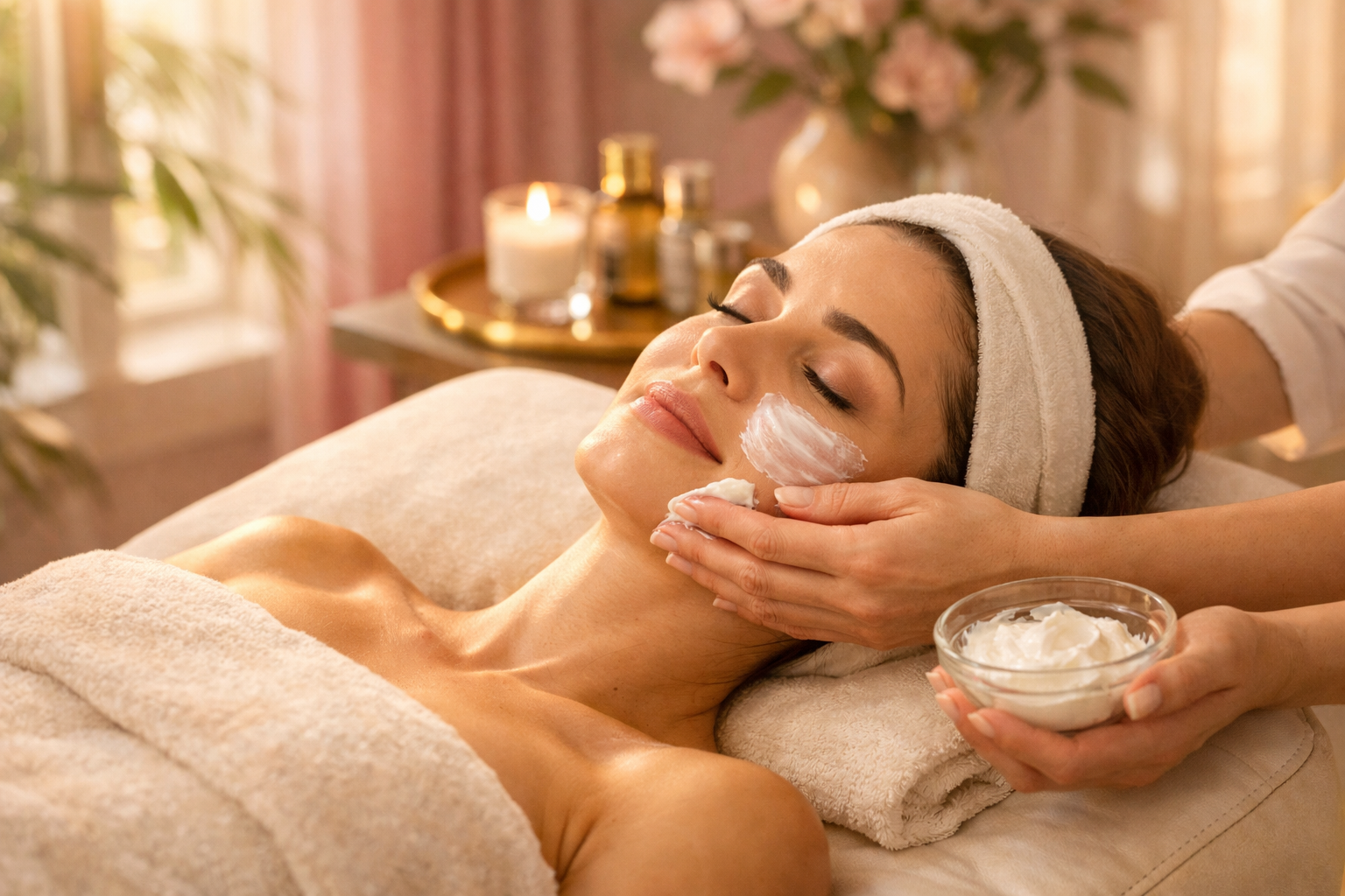 Profesyonel güzellik bakımı uygulanan mutlu kadın